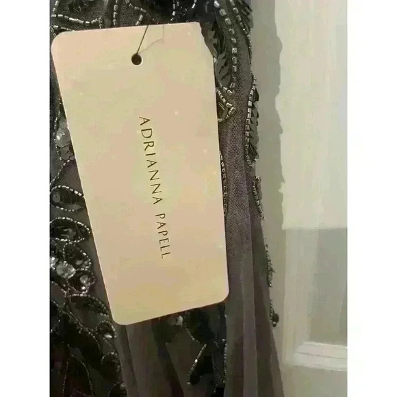 Adrianna Papell Floral Embroidered Beaded Godet Gown Dress, Lead Gray, Size 2P - Picture 6 of 9